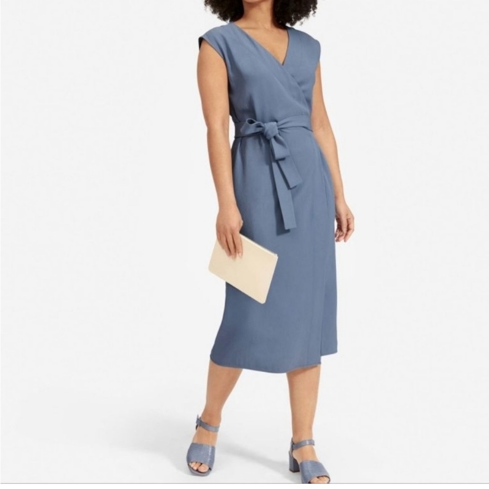 Everlane GoWeave short sleeve blue wrap dresss